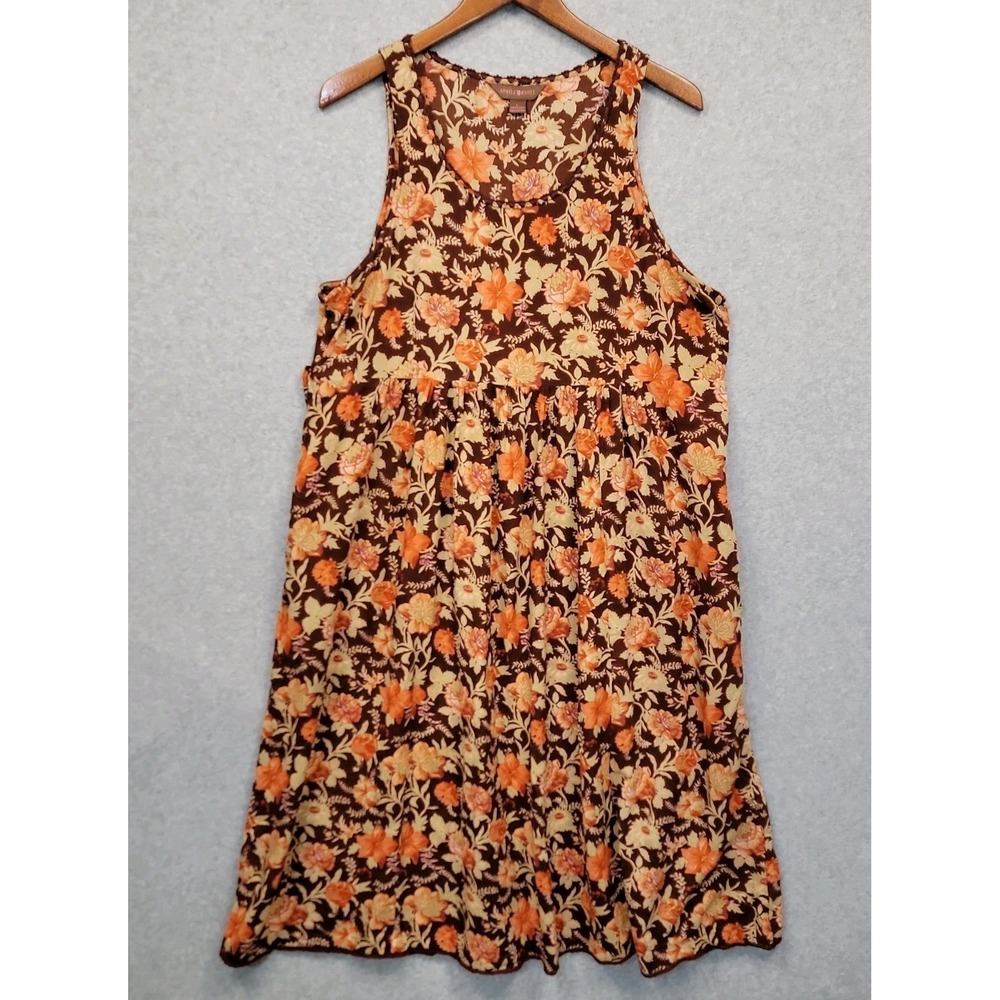 APRIL CORNELL Floral Sleeveless Dress TieBack Brown Orange Sage Pockets Sz M